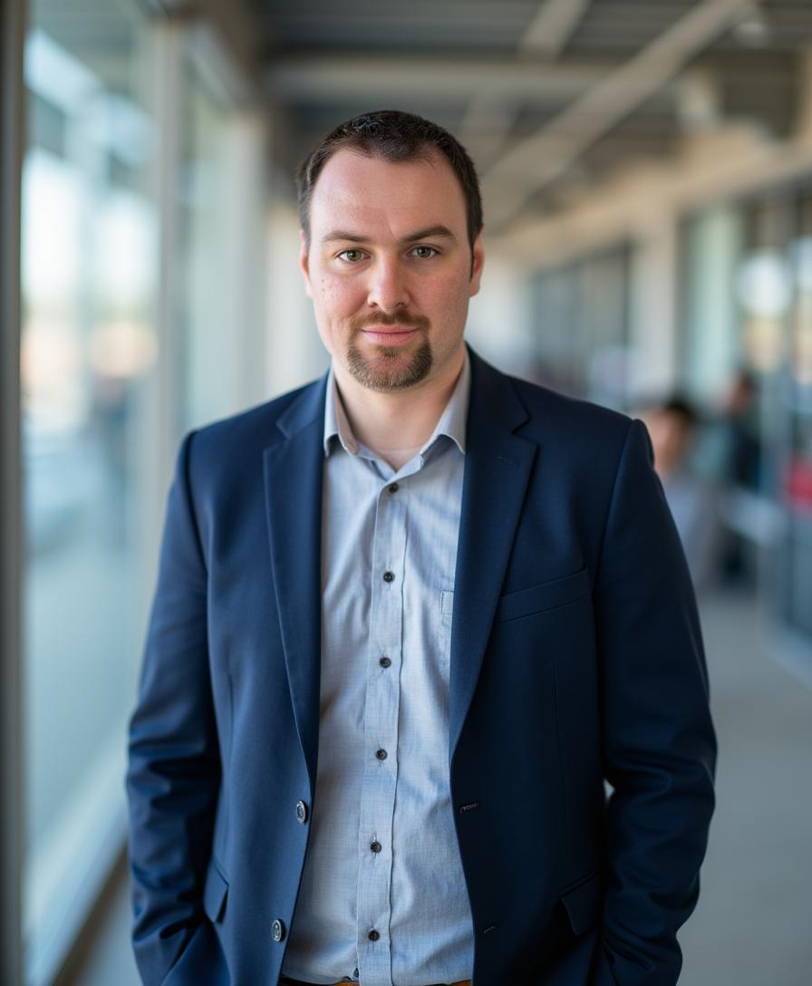 White man with beard ad moustache in light blue button down and dark blue blazer standing in a hallway